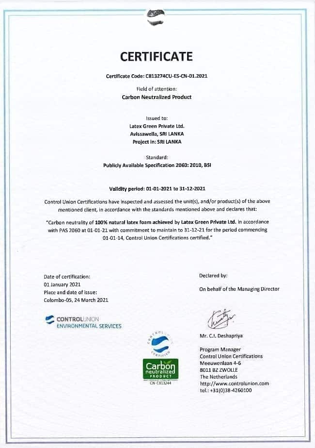 Carbon Neutral Certificate valid through December 31, 2021.
