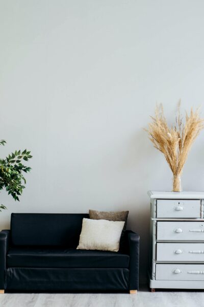 A bright living area with white walls, a dark velvet couch, plants, and a white bureau