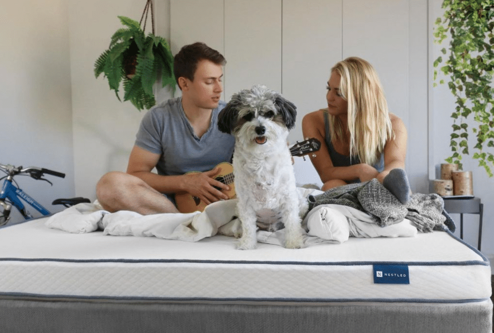 A woman and a man on a Naturally Nestled mattress with a ukelele and a dog