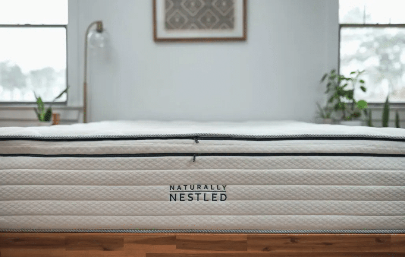 An organic mattress from Naturally Nestled rests on a wooden bed frame, waiting for a mattress topper