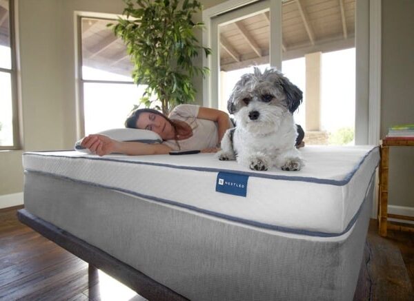 A woman enjoying a nap next to her dog on a natural latex mattress from Naturally Nestled